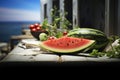 White desk space complemented by a fresh, enticing watermelon