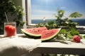 White desk space complemented by a fresh, enticing watermelon