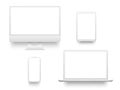 White desktop computer display screen smartphone tablet portable notebook or laptop. Mockup electronics devices vector Royalty Free Stock Photo