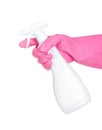 White detergent keeps hand in pink rubber gloves Royalty Free Stock Photo