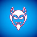 White Devil head icon isolated on blue background. Happy Halloween party. Vector