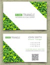 Green triangles modern business card design template. White diagonal space on pattern background. Volume 3d geometric texture