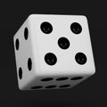 White dice with black dots hanging in half turn showing number 5 isolated on black background