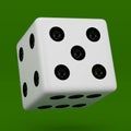 White dice with black dots hanging in half turn showing number 5 isolated on green background
