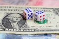 White dice are on a dollar bill of US dollars. The concept of gambling with rates in monetary unit