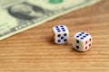 White dice are next to a dollar bill of US dollars on a wooden background. The concept of gambling with rates in monetary unit Royalty Free Stock Photo