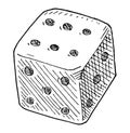 White dice with six number. Vintage hatching monochrome black illustration