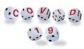 White dices with black eyes numbers spelling COVID 19 in red letters.