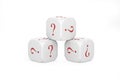 3 white dices with red color symbol is question mark. Gambling ignorance and confusion risky investment business success idea. Royalty Free Stock Photo