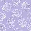 White different types of seashells nautilus pompilius, oyster spiral on purple background sea ocean shell pattern seamless vector Royalty Free Stock Photo