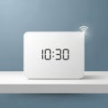 White digital clock displaying 10 30 on a shelf against a blue wall Royalty Free Stock Photo
