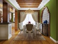 White dining table with green chairs against the wall with arabic stucco pattern and wood framing in an arabic style interior