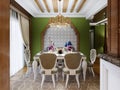 White dining table with green chairs against the wall with arabic stucco pattern and wood framing in an arabic style interior