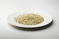 White dinner plate with cheese risotto and parmesan flakes Royalty Free Stock Photo