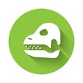 White Dinosaur skull icon isolated with long shadow. Green circle button. Vector