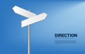 White direction signage with blue background.