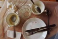 dirty empty dishes after breakfast on a tray. food in the cafe. cutlery, plate, glass, fork, knife. background for the design. Royalty Free Stock Photo