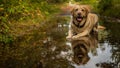 White and dirty labrador retriever resting in the puddle. Royalty Free Stock Photo