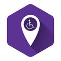 White Disabled Handicap in map pointer icon isolated with long shadow. Invalid symbol. Wheelchair handicap sign. Purple Royalty Free Stock Photo