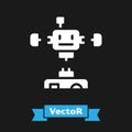 White Disassembled robot icon isolated on black background. Artificial intelligence, machine learning, cloud computing