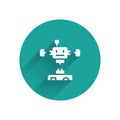 White Disassembled robot icon isolated with long shadow. Artificial intelligence, machine learning, cloud computing