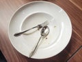 White dish with fork and spoon after eating Royalty Free Stock Photo