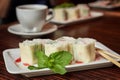 White dish with Japanese minari dessert and mint leaf