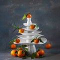 White dishes Pyramid like Christmas tree with mandarins with leaves on top, bunch below on dark Creative concept, dishware, veg, Royalty Free Stock Photo