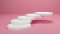 White disks lying on top of each other in the form of a swirling staircase. Podium on a pink background. 3D render