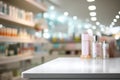 White Display Table with Blurred Drugstore Interior Background Royalty Free Stock Photo