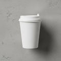 White disposable coffee cup with a plastic lid on a textured gray wall. The cup is Royalty Free Stock Photo