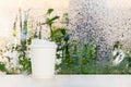 White disposable coffee cup on a table nearing rainy day window background Royalty Free Stock Photo