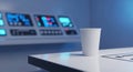 White disposable cup on a table in front of a futuristic control panel white cup Royalty Free Stock Photo
