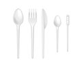 White disposable fork, knife and spoon. Realistic plastic kitchen utensil, serving set Royalty Free Stock Photo