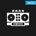 White DJ remote for playing and mixing music icon isolated on black background. DJ mixer complete with vinyl player and Royalty Free Stock Photo