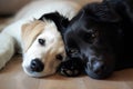 white dog and black cat looking at the camera lying together on the floor.AI generative Royalty Free Stock Photo