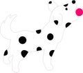 a white dog with a black circle motif on its body is biting a pink ball