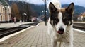 White dog with black spots. playful and hungry dog on a suburban train station amid railroad tracks and a parapet of the station, Royalty Free Stock Photo