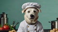 White Dog in Chef\'s Uniform with Hat and Apron Looking at Camera Royalty Free Stock Photo