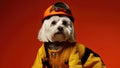 White Dog Dressed As A Fireman Orange Background