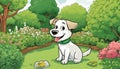 A white dog with a green collar is sitting in a field of flowers