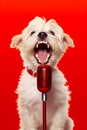 White dog with its mouth open and red microphone in front of it. Generative AI