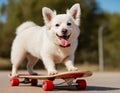 A white dog with a red collar is standing on a skateboard with its tongue out.
