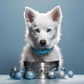 a white dog sitting behind a pot filled with ornaments on a table Royalty Free Stock Photo