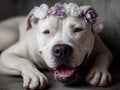 White dog with a spring flower crown on its head is smiling Royalty Free Stock Photo