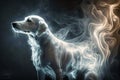 White dog standing in front of black background with light in it's mouth. Generative AI Royalty Free Stock Photo