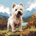 Colorful Pixel-art Painting Of A Terrier On A Mountain