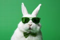 White dog wearing green sunglasses on green background