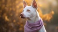 a white dog wearing a scarf