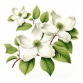 Realistic White Dogwood Flower And Leaves On White Background